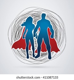 Superhero Man and Woman standing on confuse line background graphic vector.