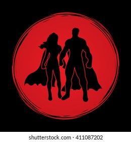 Superhero Man and Woman standing on grunge circle background graphic vector.