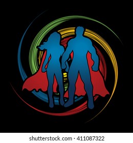 Superhero Man and Woman standing on spin wheel background graphic vector.