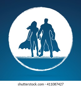 Superhero Man and Woman standing on grunge circle background graphic vector.