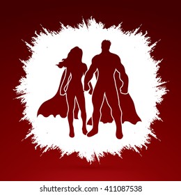 Superhero Man and Woman standing on grunge frame background graphic vector.