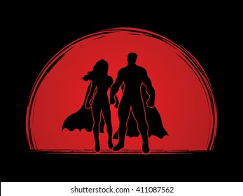 Superhero Man and Woman standing on sunrise background graphic vector.