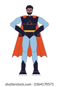 Superhero in mask flat line color vector character. Empowered man in suit. Protecting world. Editable outline full body person on white. Simple cartoon spot illustration for web graphic design