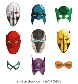 Superhero mask on face and eyes vector cartoon comics set isolated on white background. Illustration in the flat style of different helmets for heroes and villains.