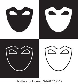 Superhelden-Masken-Vektorgrafik schwarzes Symbol. Silhouette Held Cartoon Charakter Comic Gesicht. Flache schwarze Superhelden Kostümdesign Maske. isoliert auf weißem und schwarzem Hintergrund. VEKTORILLUSTRATION . EPS 10 