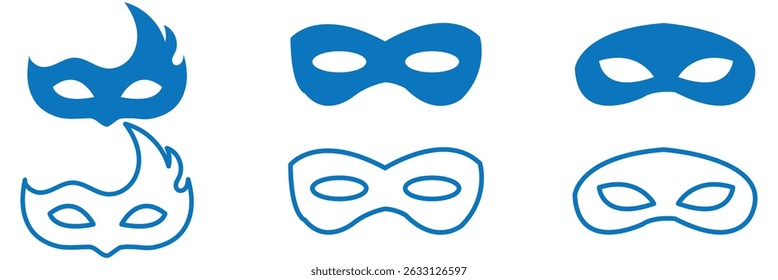 Superhero mask vector blue icon. Silhouette hero cartoon character comic face. Flat black superhero costume design mask icon vector illustration