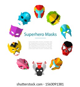 Superhero masks circle frame, vector illustration. Monsters star masks, cosmic outer space super hero face covers or masque for party or masquerade
