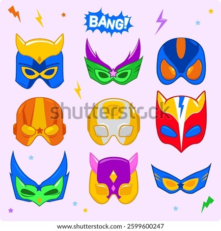 Superhero masks. Comic book logos, sticker set. Cartoon fun superhero helmet photo props, women and men masks, carnival heroic mask. Vector illustration