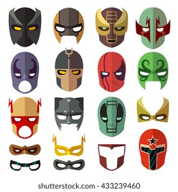 Superhero masks. Heroic costume mask of set and cartoon mask for superhero. Vector flat collection