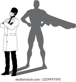 A superhero medical doctor man health care worker revealed by his shadow silhouette as a super hero in a cape.