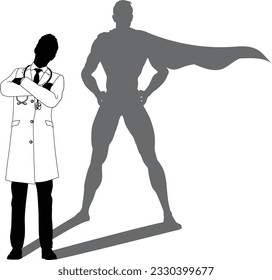 A superhero medical doctor man health care worker revealed by his shadow silhouette as a super hero in a cape.