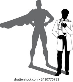 A superhero medical doctor man health care worker revealed by his shadow silhouette as a super hero in a cape.