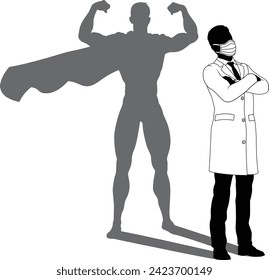 A superhero medical doctor man health care worker revealed by his shadow silhouette as a super hero in a cape.