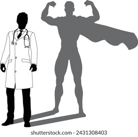 A superhero medical doctor man health care worker revealed by his shadow silhouette as a super hero in a cape.