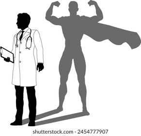 A superhero medical doctor man health care worker revealed by his shadow silhouette as a super hero in a cape.
