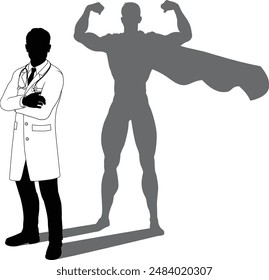 A superhero medical doctor man health care worker revealed by his shadow silhouette as a super hero in a cape.