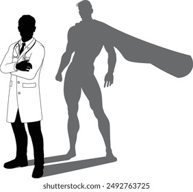 Un médico superhéroe hombre trabajador de la salud revelado por su silueta de la sombra como un superhéroe en una capa.