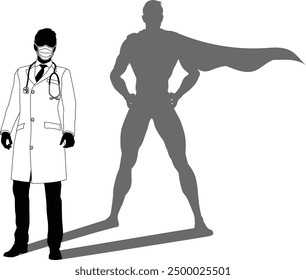 A superhero medical doctor man health care worker revealed by his shadow silhouette as a super hero in a cape.