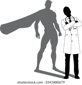 A superhero medical doctor man health care worker revealed by his shadow silhouette as a super hero in a cape.