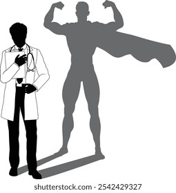 A superhero medical doctor man health care worker revealed by his shadow silhouette as a super hero in a cape.