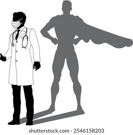 A superhero medical doctor man health care worker revealed by his shadow silhouette as a super hero in a cape.