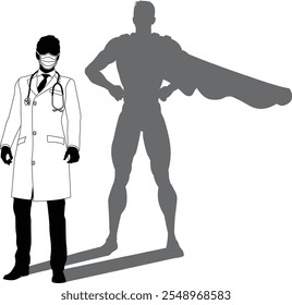 A superhero medical doctor man health care worker revealed by his shadow silhouette as a super hero in a cape.