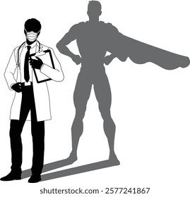 A superhero medical doctor man health care worker revealed by his shadow silhouette as a super hero in a cape.