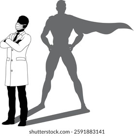 A superhero medical doctor man health care worker revealed by his shadow silhouette as a super hero in a cape.