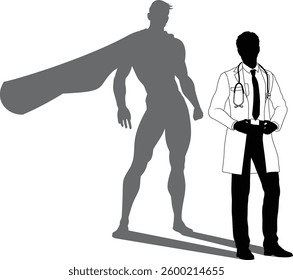A superhero medical doctor man health care worker revealed by his shadow silhouette as a super hero in a cape.