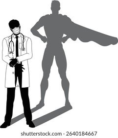 A superhero medical doctor man health care worker revealed by his shadow silhouette as a super hero in a cape.