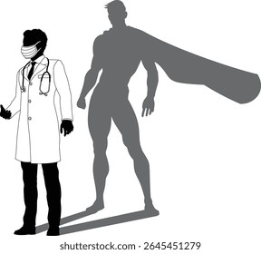 A superhero medical doctor man health care worker revealed by his shadow silhouette as a super hero in a cape.