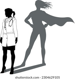 A superhero medical doctor woman health care worker revealed by her shadow silhouette as a super hero in a cape.