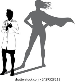 A superhero medical doctor woman health care worker revealed by her shadow silhouette as a super hero in a cape.