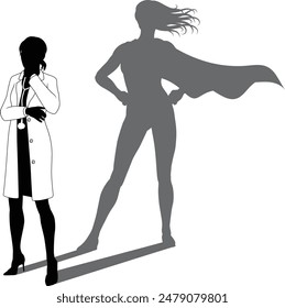 A superhero medical doctor woman health care worker revealed by her shadow silhouette as a super hero in a cape.
