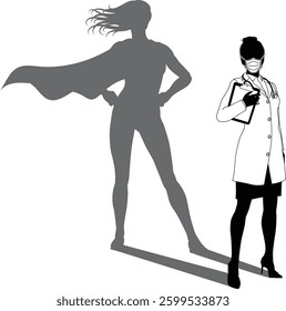 A superhero medical doctor woman health care worker revealed by her shadow silhouette as a super hero in a cape.