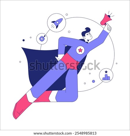 Superhero With Megaphone In Flat Vector Illustration Symbolizing Leadership, Communication, And Business Success, Isolated On White Background.