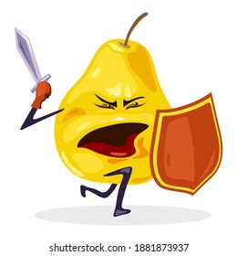 Superhero mellow fruit with shield and sword, character with mouth, hands, legs and eyes. Vector nutritious food, organic natural snack design isolated on white background