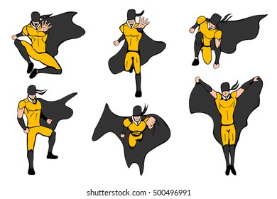 Superhero models in various poses. Vector illustration.