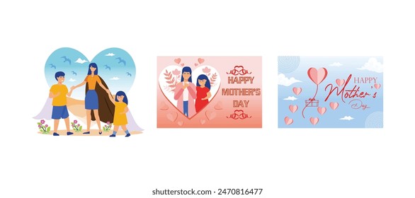 Superhero Mom with children. Young mother hugged by her daughter. Mother's day card with flying paper elements and gift box. Set flat vector modern illustration 