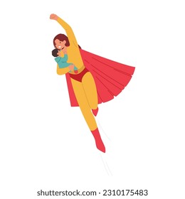 Superhero Mother Character Flying With Her Baby, Exuding Strength, Love, And Protection. A Symbol Of Maternal Courage, Resilience, And The Ultimate Super Hero Duo. Cartoon People Vector Illustration