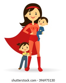 Superhero mother and her two children