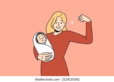 Superhero Mother And Strength Concept. Young Smiling Woman Mother Standing Holding Newborn Infant Baby In Hands Showing Strong Arm Vector Illustration 