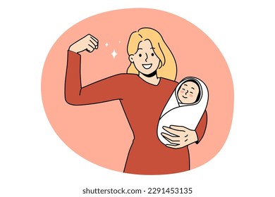 Superhero mother and strength concept. Young smiling woman mother standing holding newborn infant baby in hands showing strong arm vector illustration