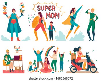 Superhero mother takes care of child, cartoon character vector illustration. Super mom in costume, people with supernatural powers protect kids, woman working from home and doing housework