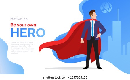 Superhero, motivate poster with businessman in red cloak, success, business achievement, promotion, leadership and motivation concept, vector illustration