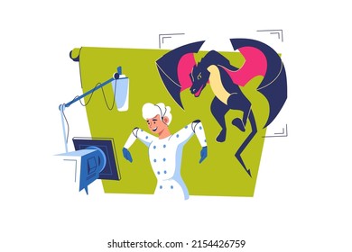 Superhero Movie Making Scene With Special Effects Vector Illustration. Cinema Motion Capture Technology Flat Concept