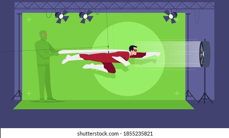 Superhero Movie Semi Flat Vector Illustration. Green Screen For Special Effects. Action Film Creation. Modern Filming Technologies. Professional Team 2D Cartoon Characters For Commercial Use