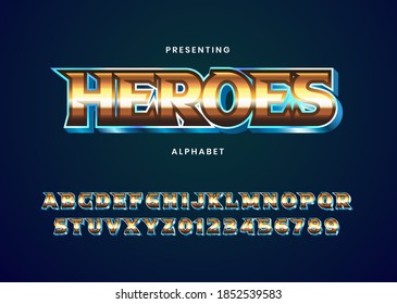 Plantilla de efecto de texto de título de película de superhéroe. Alfabeto de tipo de letra místico metálico