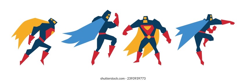 Superhero Muscled Man in Mask and Cape in Different Pose Vector Set