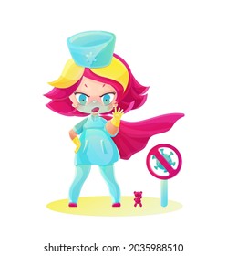 Superhero nurse and her toy bear stop the virus. Drawing in the style of manga and anime in bright colors